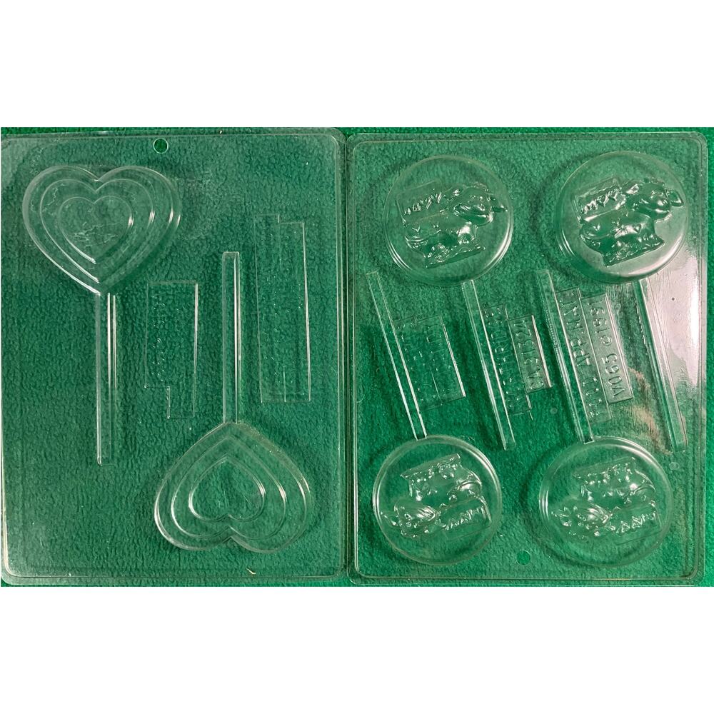 Set of 2 VALENTINES DAY Chocolate Candy Lollipop Plastic Mold Hearts and Cows